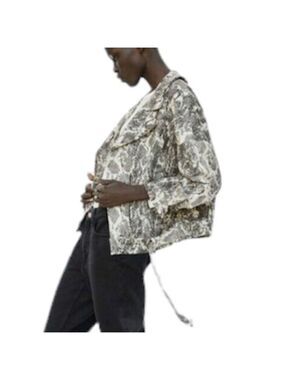 Zara oversized black beige snake print python jacquard moto bike jacket M